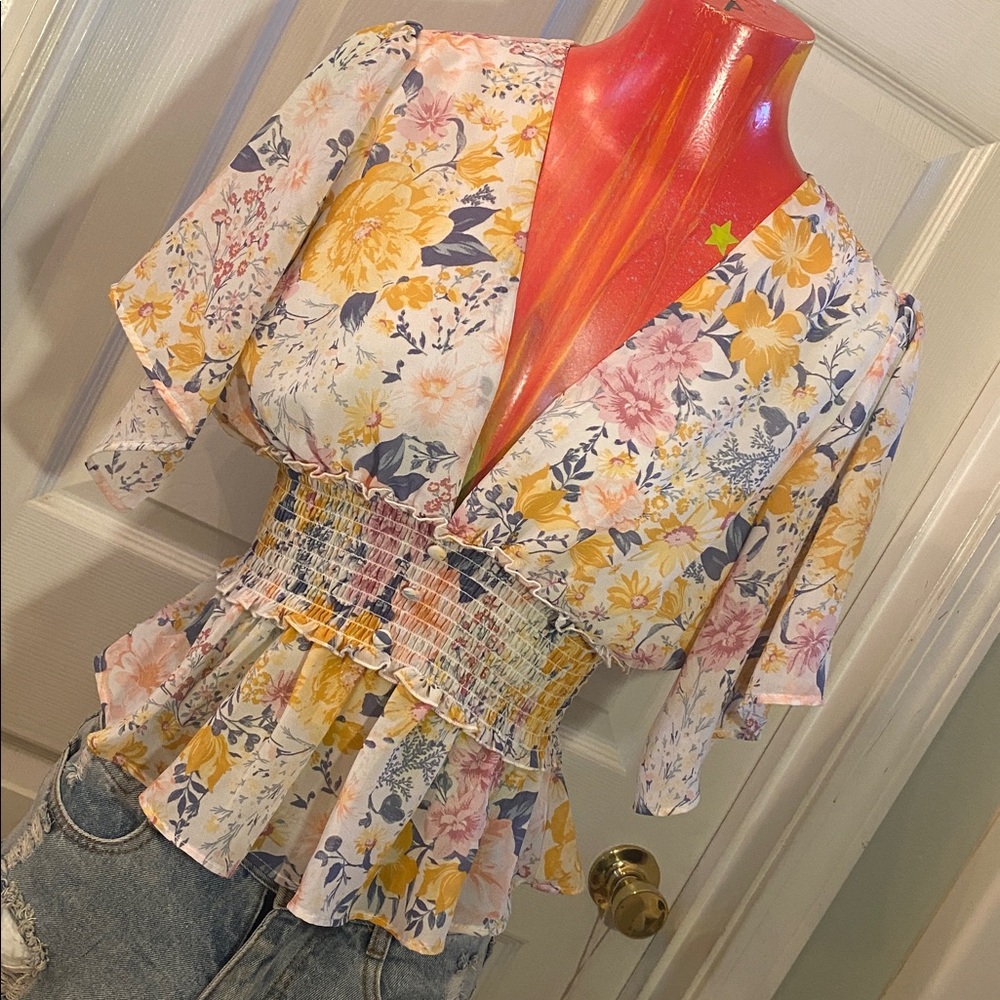 Shinestar Floral Smocked Peplum Blouse in Yellow, Pink & Blue